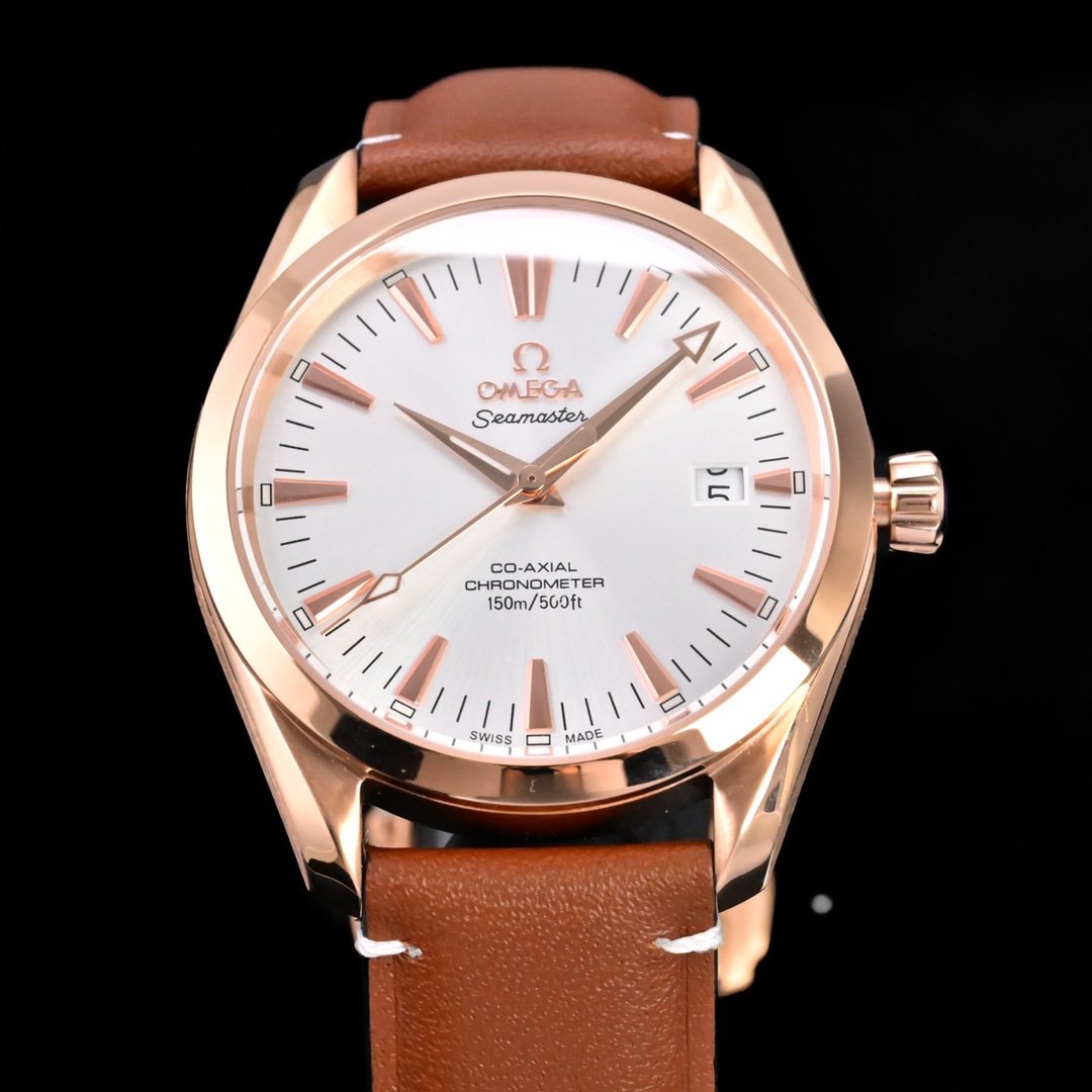 Omega Seamaster Aqua Terra Rose Gold Silver Dial Brown Leather Strap 39MM CR-AQTR-RG-SL-39