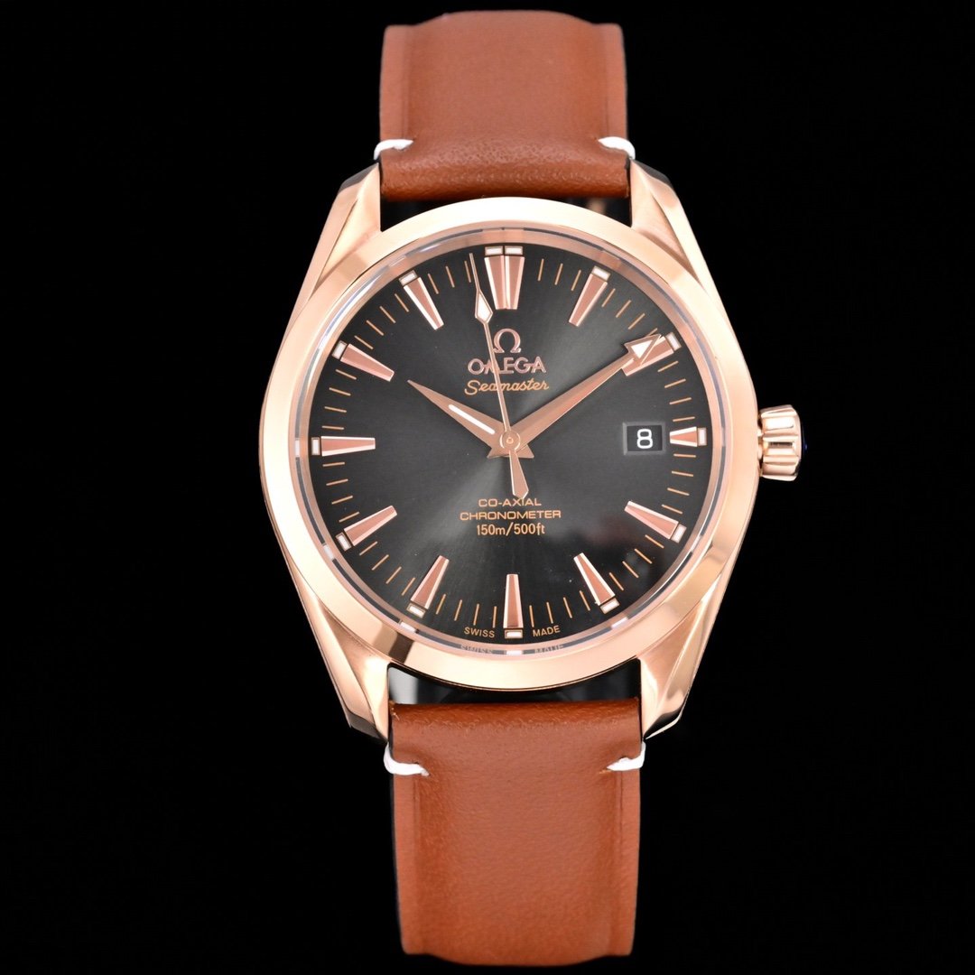 Omega Seamaster Aqua Terra Rose Gold Black Dial Brown Leather Strap 39MM CR-AQTR-RG-BK-39