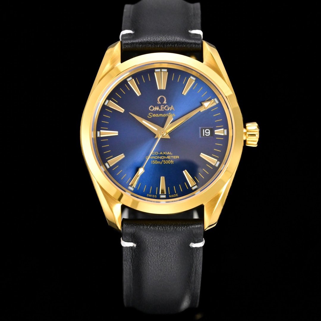 Omega Seamaster Aqua Terra Yellow Gold Blue Dial Black Leather Strap 39MM CR-AQTR-YG-BLU-39