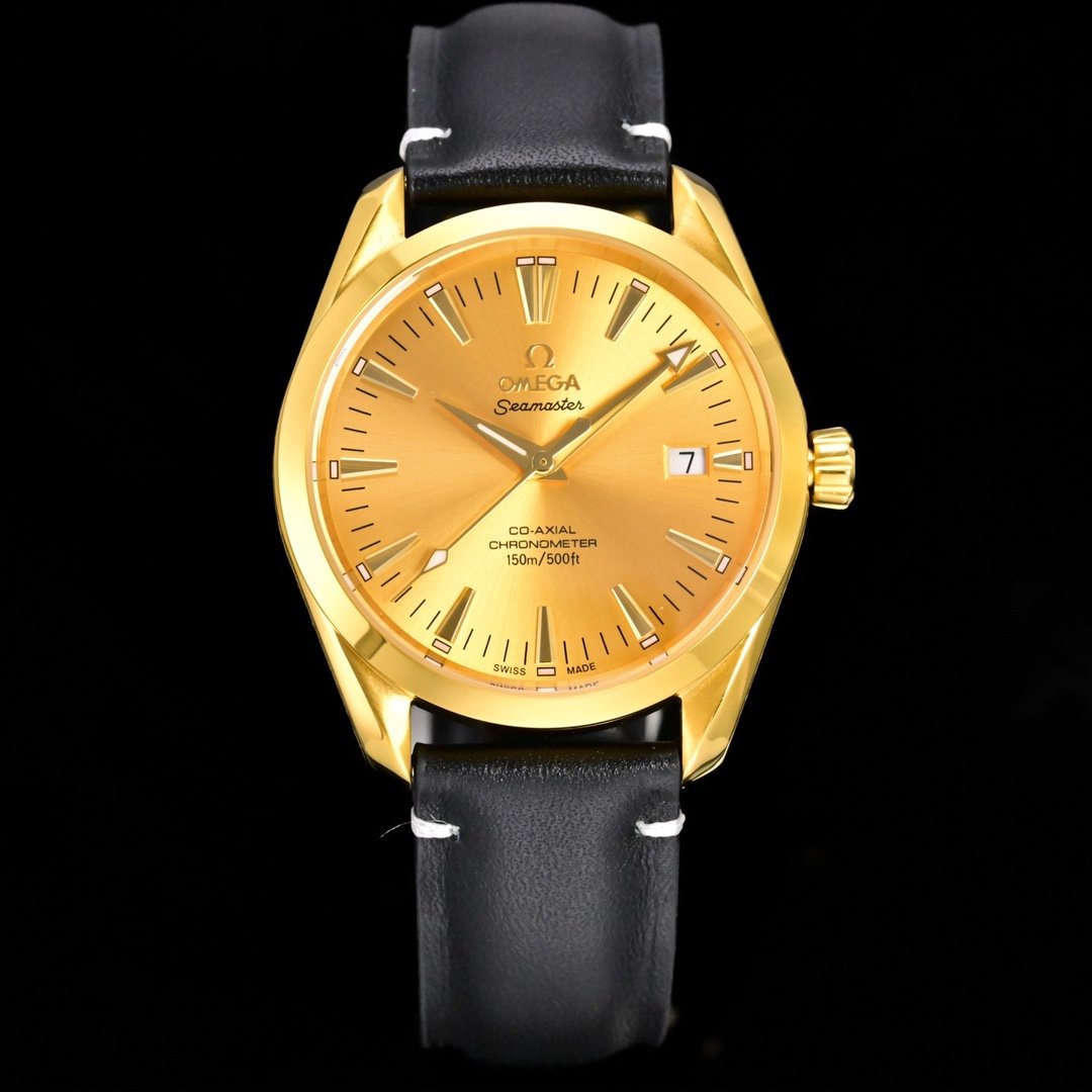 Omega Seamaster Aqua Terra Yellow Gold Champagne Dial Black Leather Strap 39MM CR-AQTR-YG-CH-39