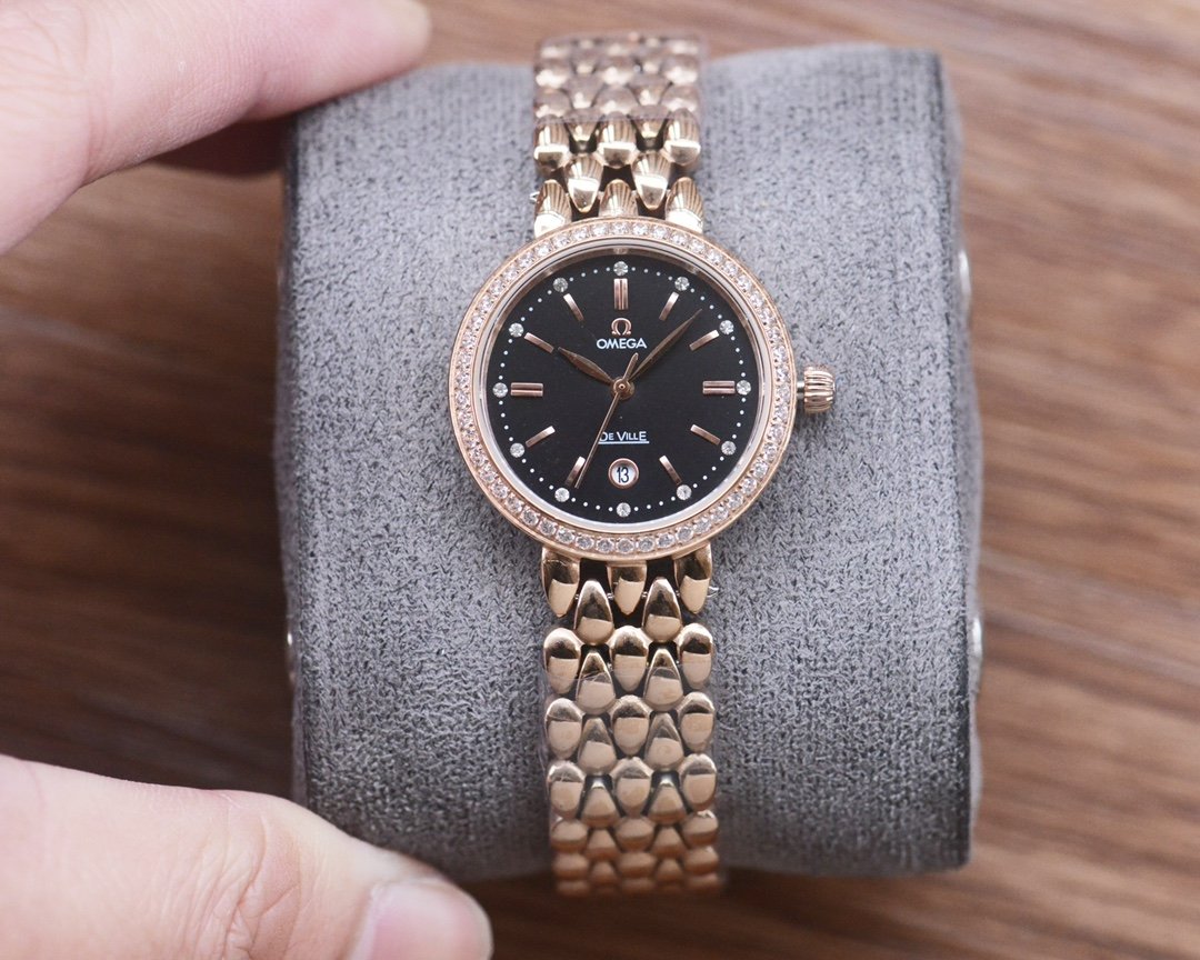 Omega De Ville Prestige Rose Gold Black Diamond Dial Rose Gold Bracelet 28MM CR-DVP-RG-BKD-28