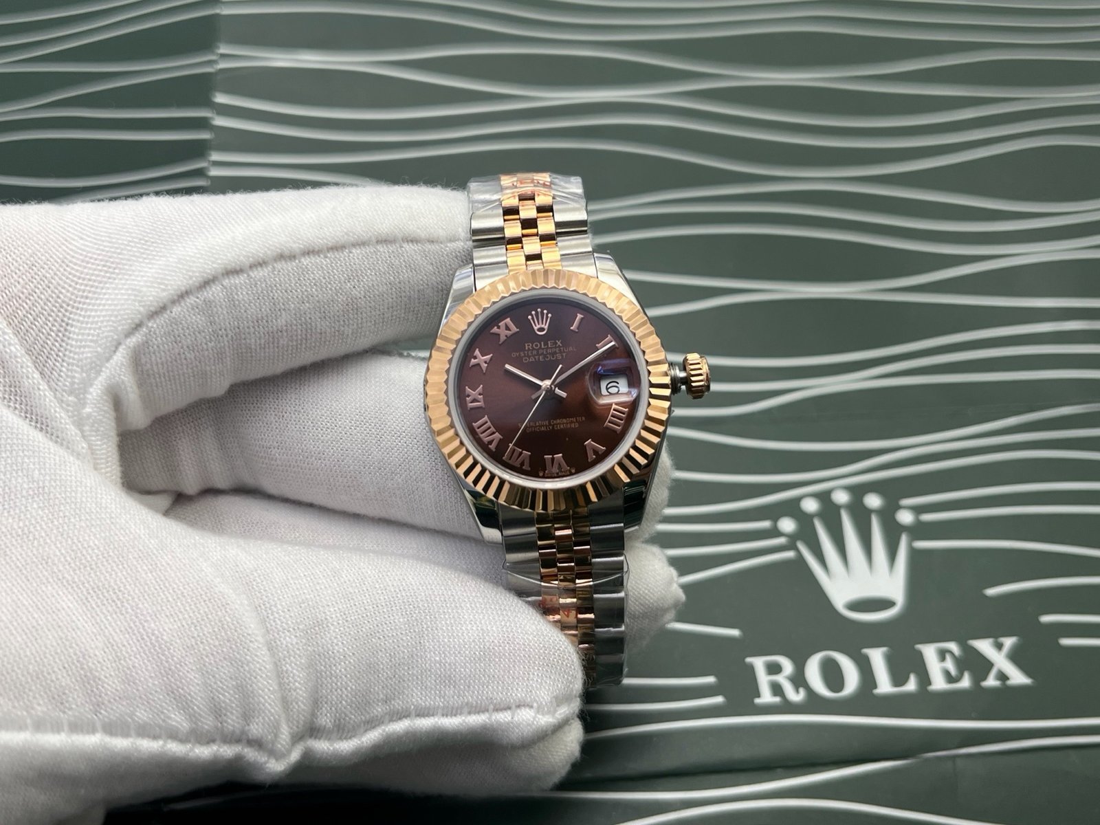Rolex Lady-Datejust Two-Tone Rose Gold Fluted Bezel Chocolate Roman Dial Jubilee Bracelet 28MM 279171-0009