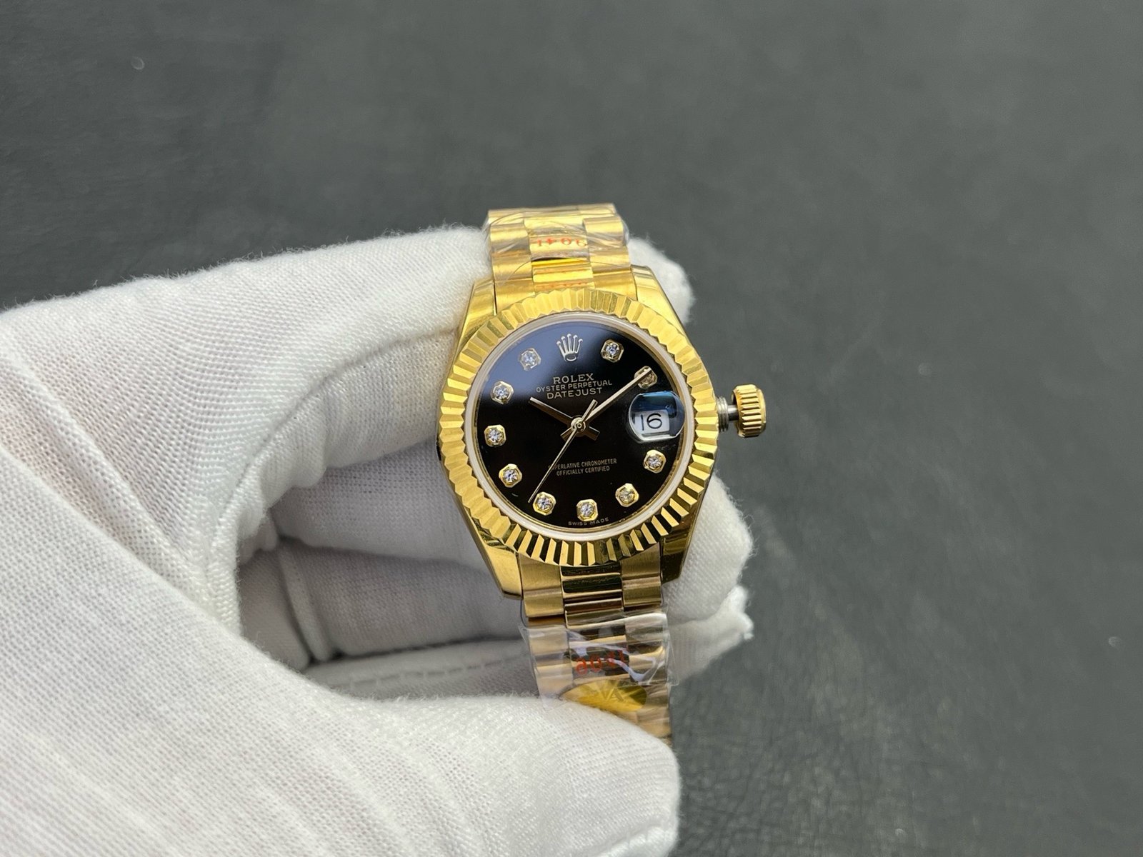 Rolex Datejust  Yellow Gold Fluted Bezel Black Diamond Dial President Bracelet 31MM 178278-0065