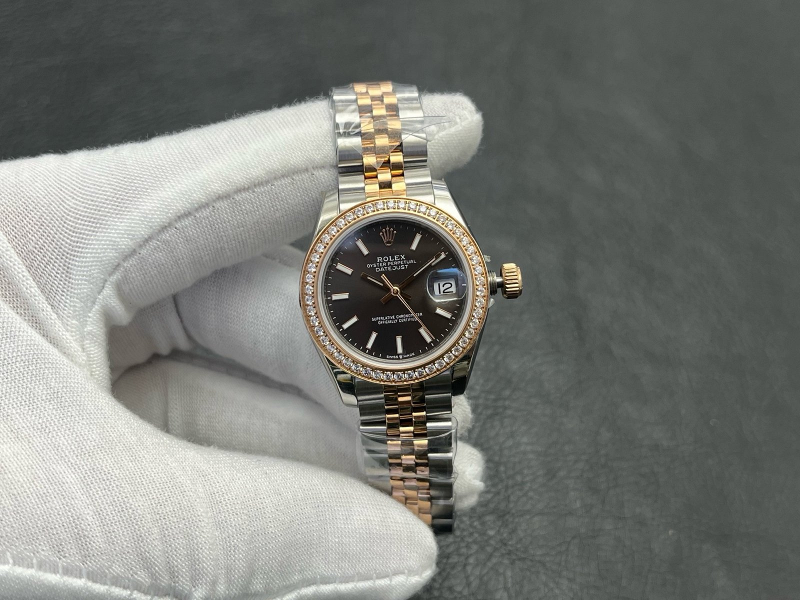Rolex Lady-Datejust Two-Tone Rose Gold Diamond Bezel Chocolate Dial Jubilee Bracelet 28MM 279381RBR-0017