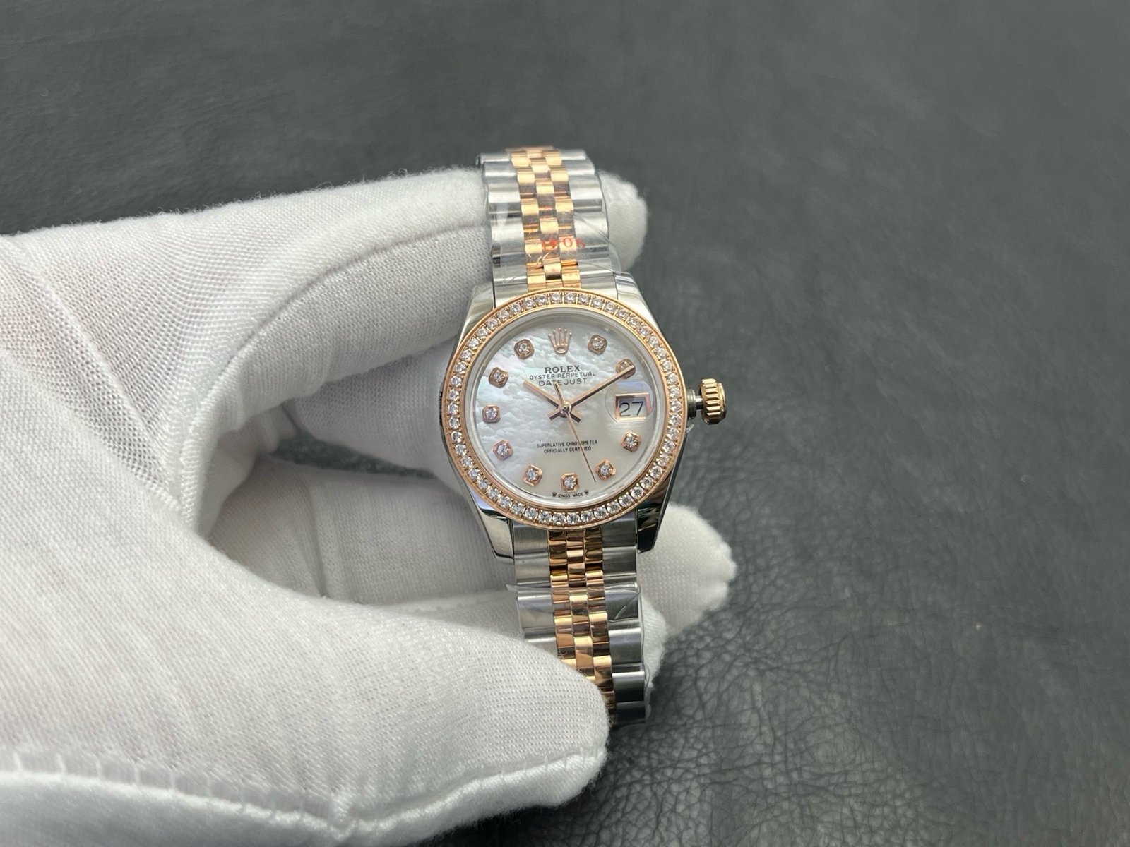 Rolex Lady-Datejust Two-Tone Rose Gold Diamond Bezel Mother-of-Pearl Dial Jubilee Bracelet 28MM 279381RBR-0013