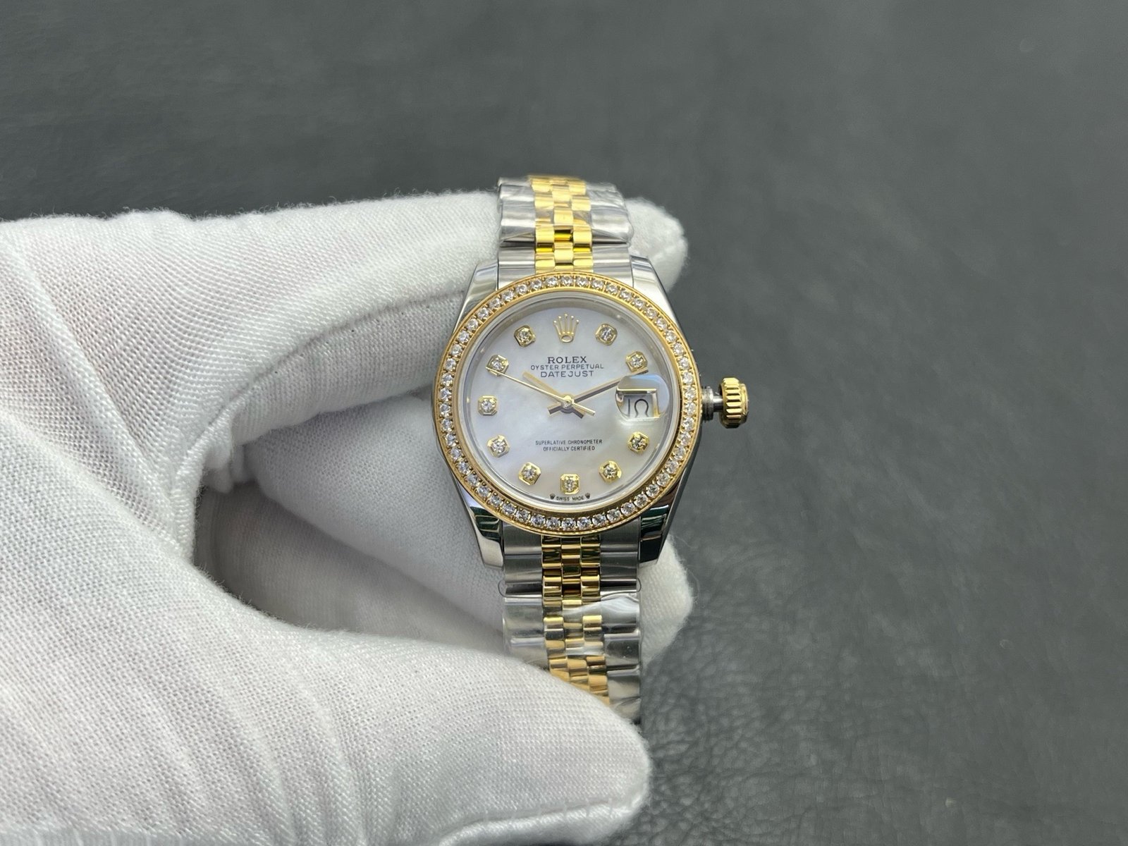 Rolex Lady-Datejust Two-Tone Yellow Gold Diamond Bezel Silver Diamond Dial Jubilee Bracelet 28MM 279383RBR-0007