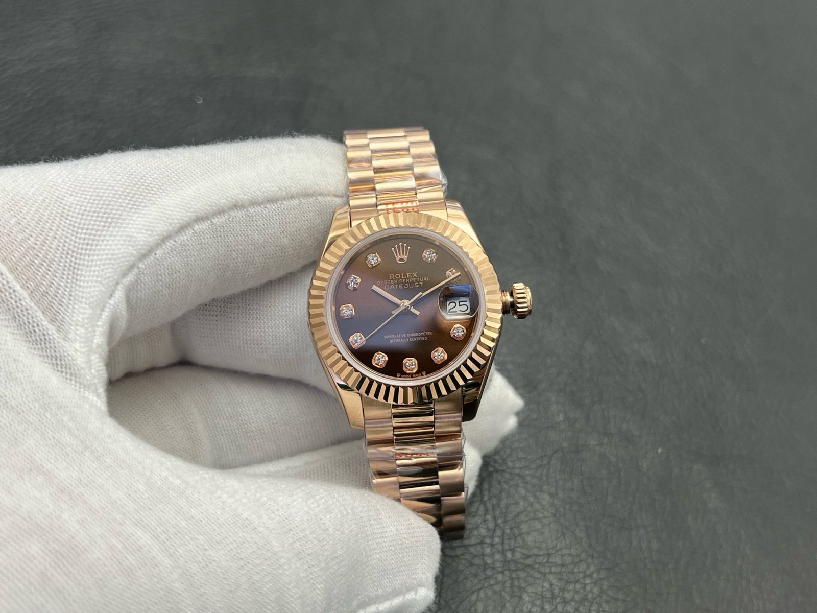 Rolex Lady-Datejust Everose Gold Fluted Bezel Chocolate Diamond Dial Jubilee Bracelet 28MM 279175-0010