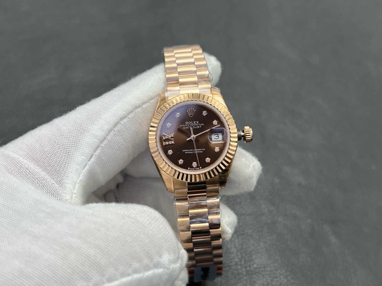 Rolex Lady-Datejust Everose Gold Fluted Bezel Chocolate Diamond Dial Jubilee Bracelet 28MM 279175-0004