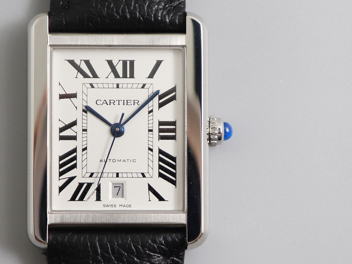 Cartier Tank Must Stainless Steel Silver Roman Dial Black Leather Strap 29MM WSTA0041