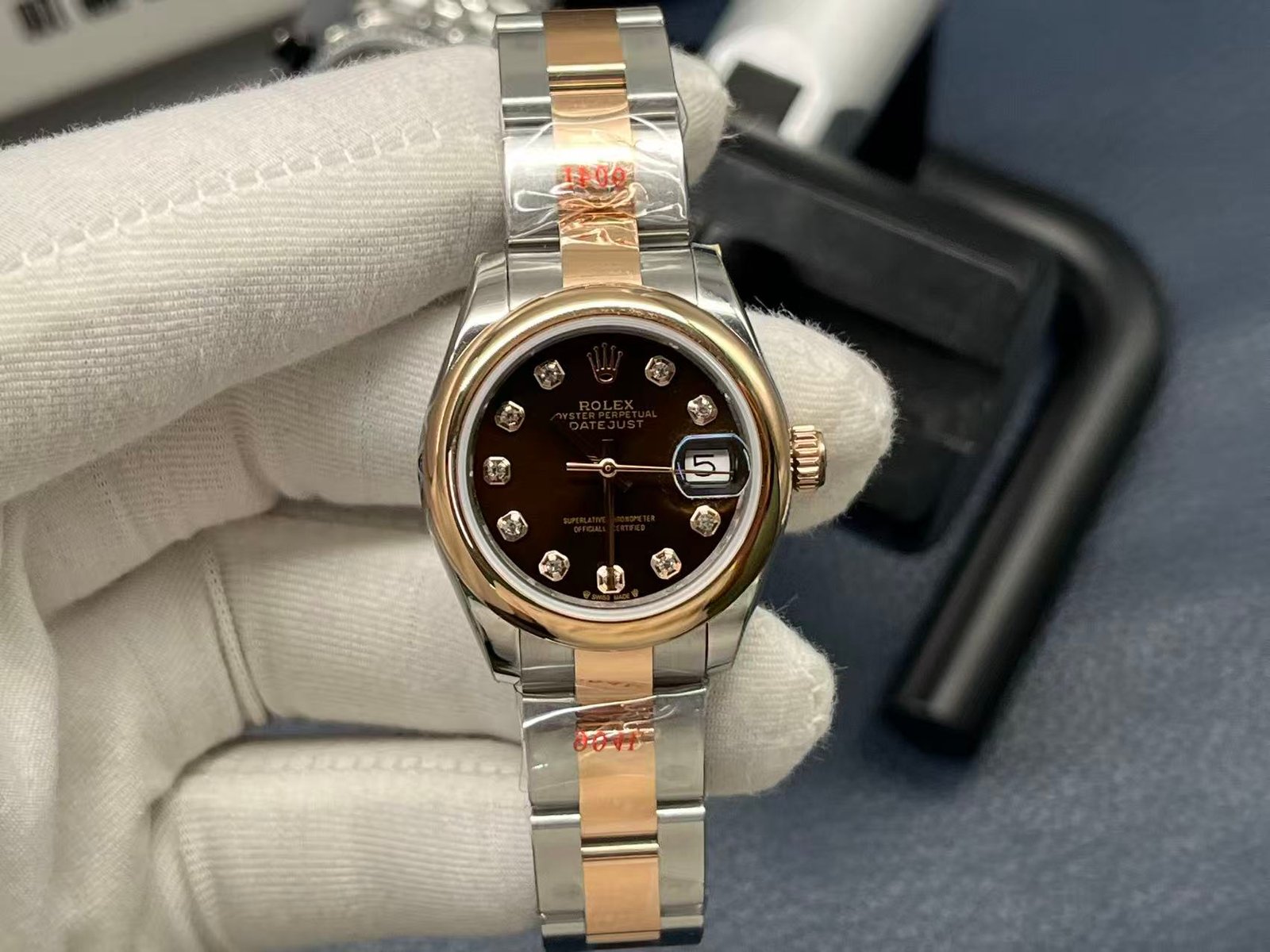Rolex Lady-Datejust Two-Tone Rose Gold Domed Bezel Chocolate Diamond Dial Oyster Bracelet 28MM 279161-0012