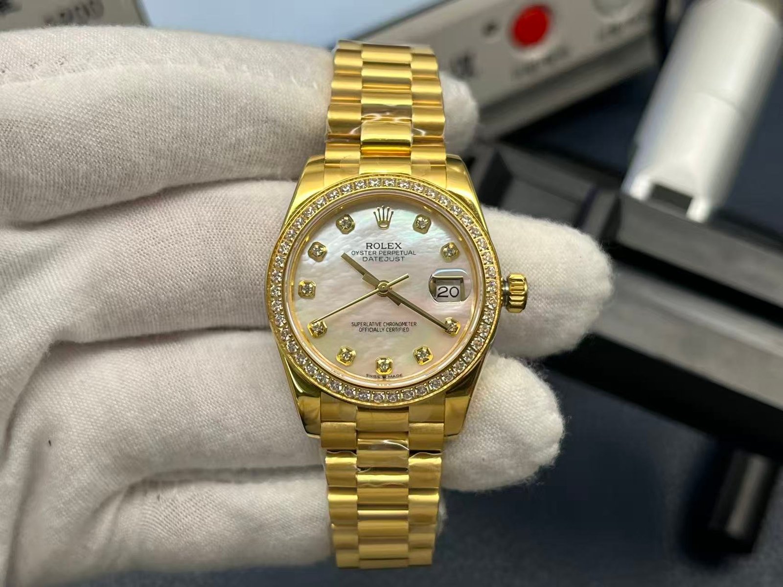 Rolex Lady-Datejust Yellow Gold Diamond Bezel Mother-of-Pearl Dial President Bracelet 28MM 279138RBR-0015