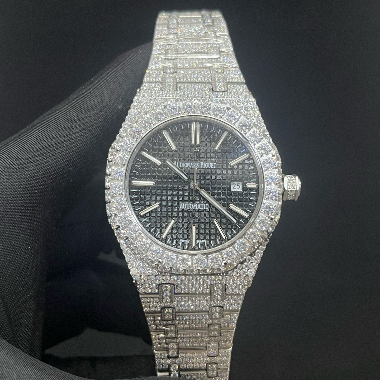 Audemars Piguet Royal Oak Steel Full Diamond Black Dial 41MM Steel Bracelet AP-BLKD-FULDIAMOND-41
