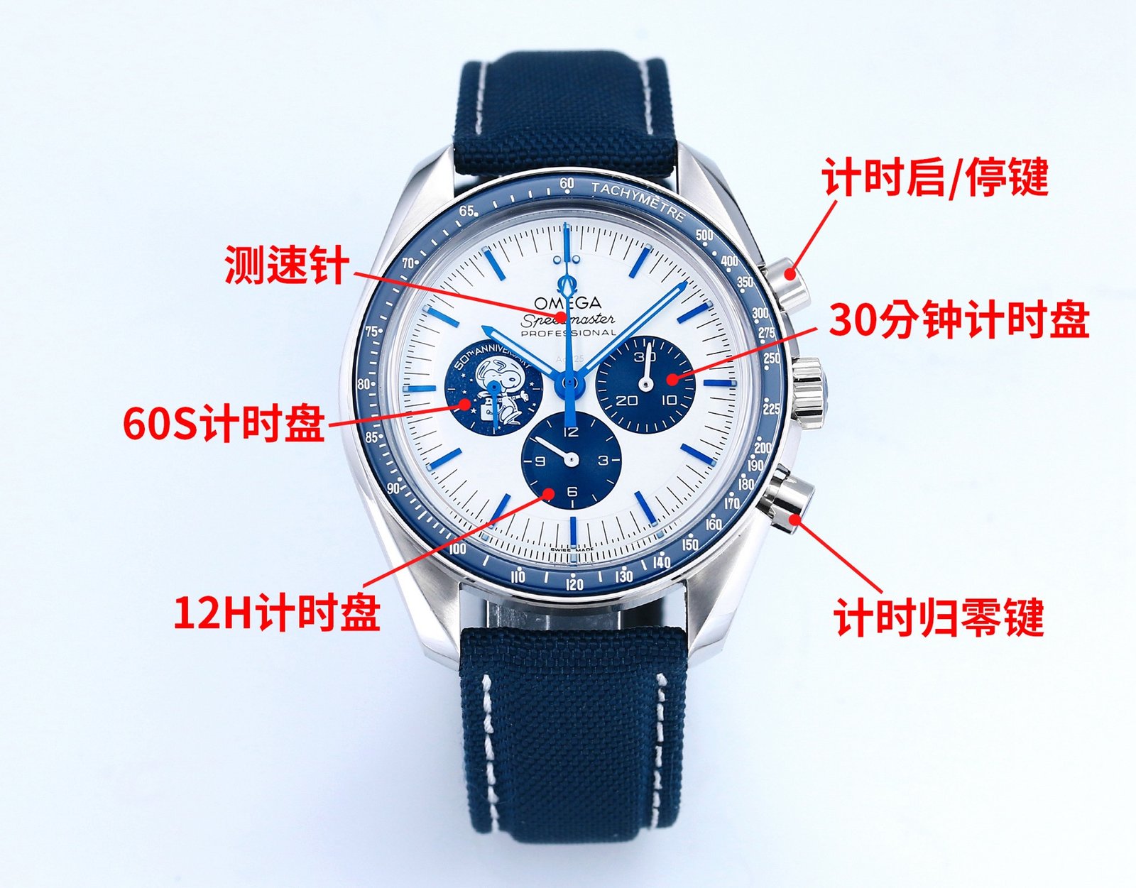 Omega Speedmaster Professional Silver Snoopy Award 50th Anniversary Steel Silver Dial 42MM Blue Nylon Strap 310.32.42.50.02.001
