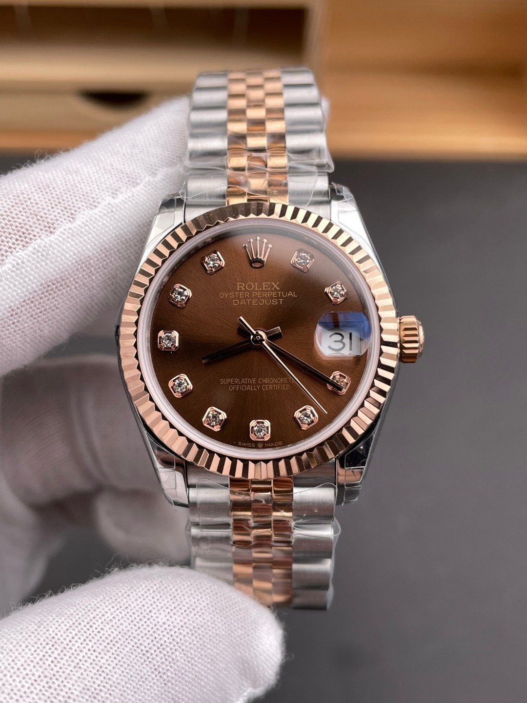 Rolex Datejust Two-Tone Rose Gold Fluted Bezel Chocolate Diamond Dial Jubilee Bracelet 31MM 278271-0028