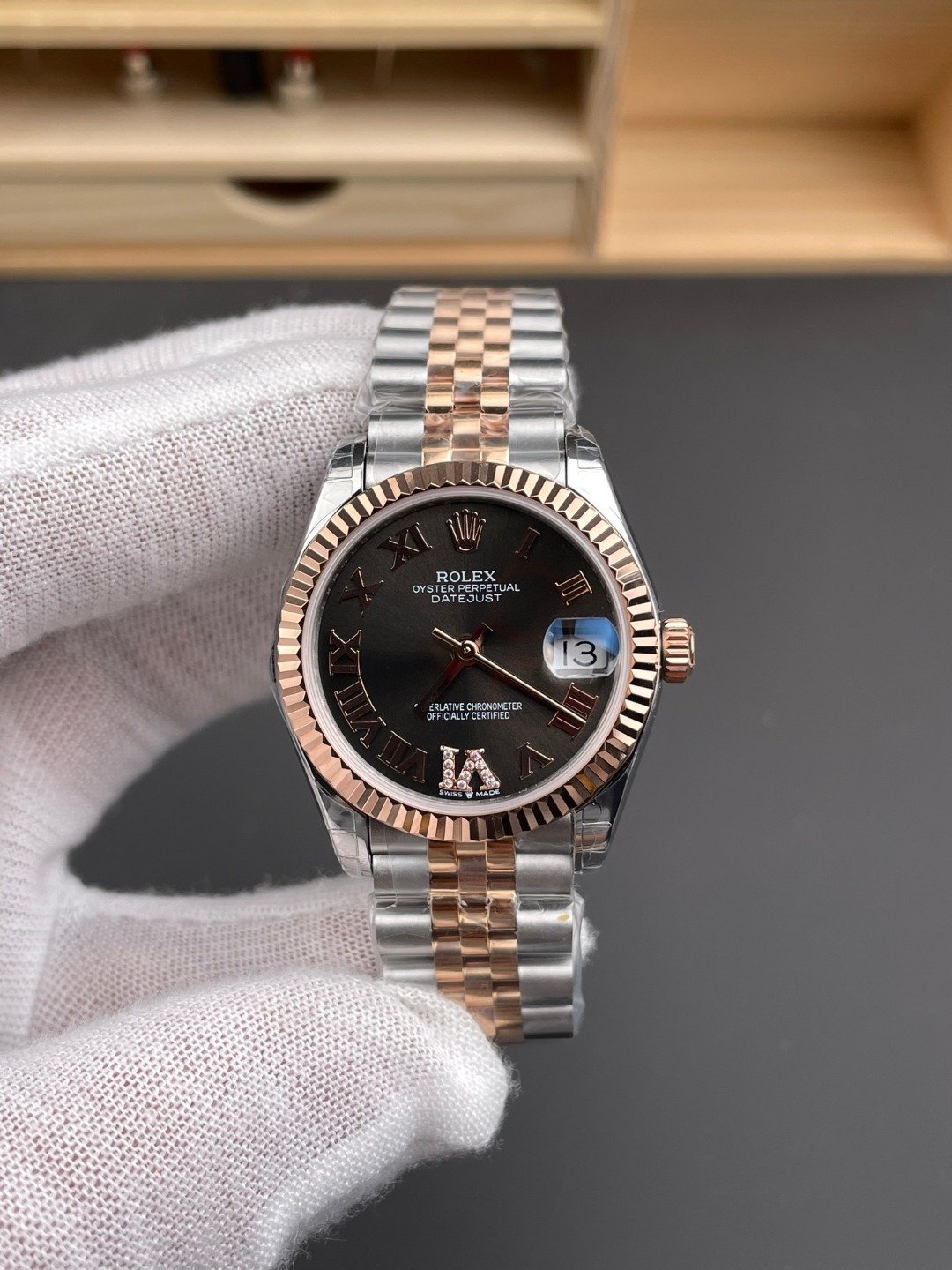 Rolex Lady-Datejust Two-Tone Rose Gold Fluted Bezel Chocolate Diamond Dial Jubilee 28MM 279171-0011