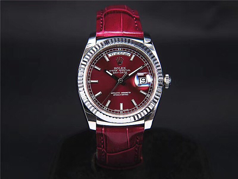 Rolex Day-Date 36 White Gold Cherry Dial Fluted Bezel Oyster Bracelet 36MM 118139