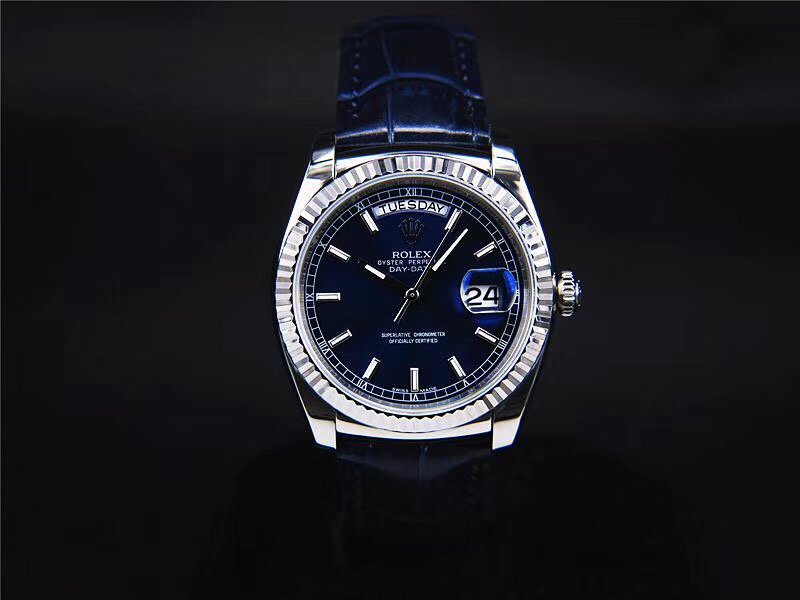 Rolex Day-Date 36 White Gold Blue Dial Fluted Bezel Leather Strap 36MM 118139
