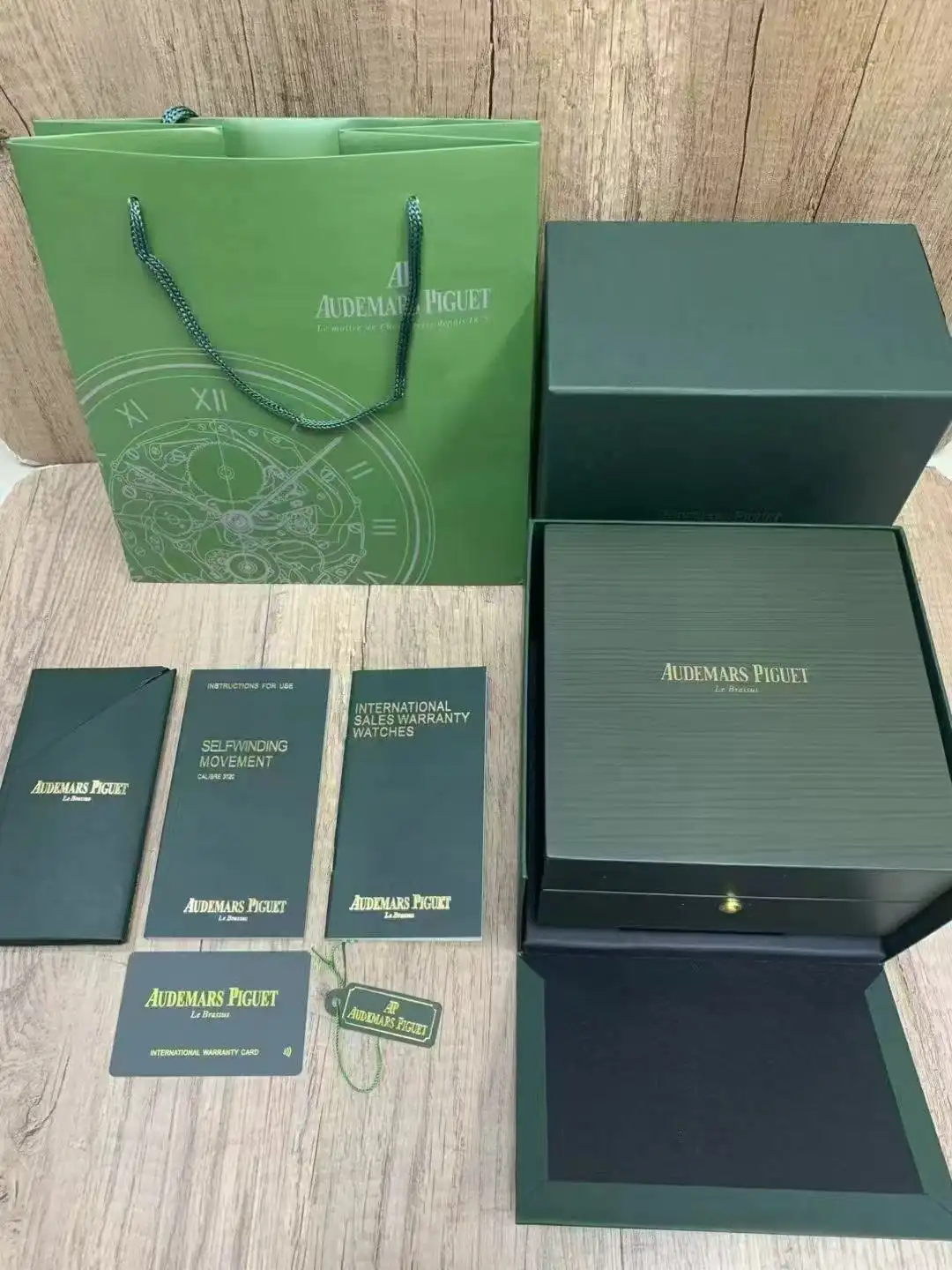 Genuine Audemars Piguet Green Watch Box with Manuals, Warranty Card & Tote Bag Set