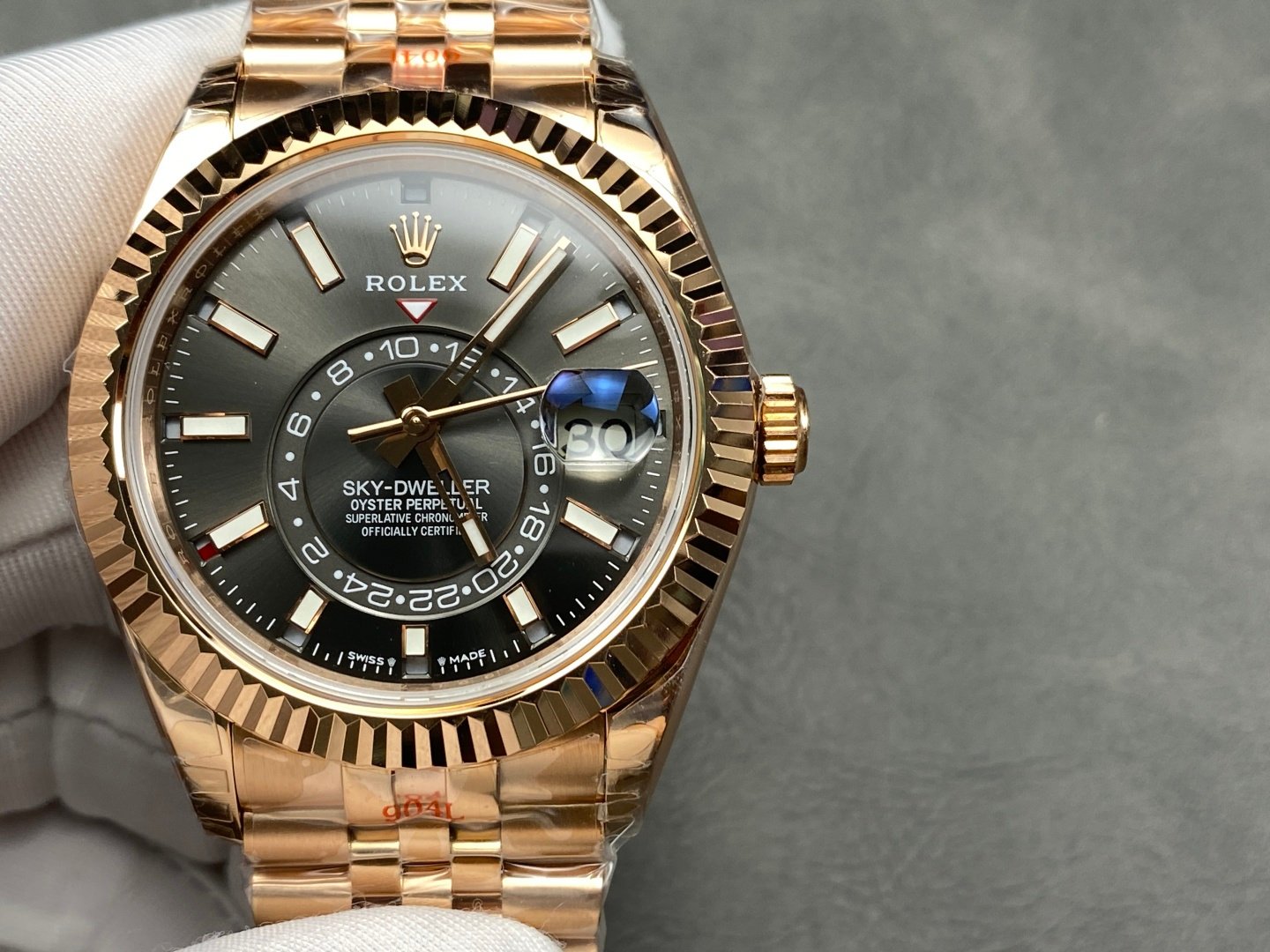 Rolex Sky-Dweller 42 Everose Gold Slate Dial Fluted Bezel President Bracelet 42MM 336935-0008