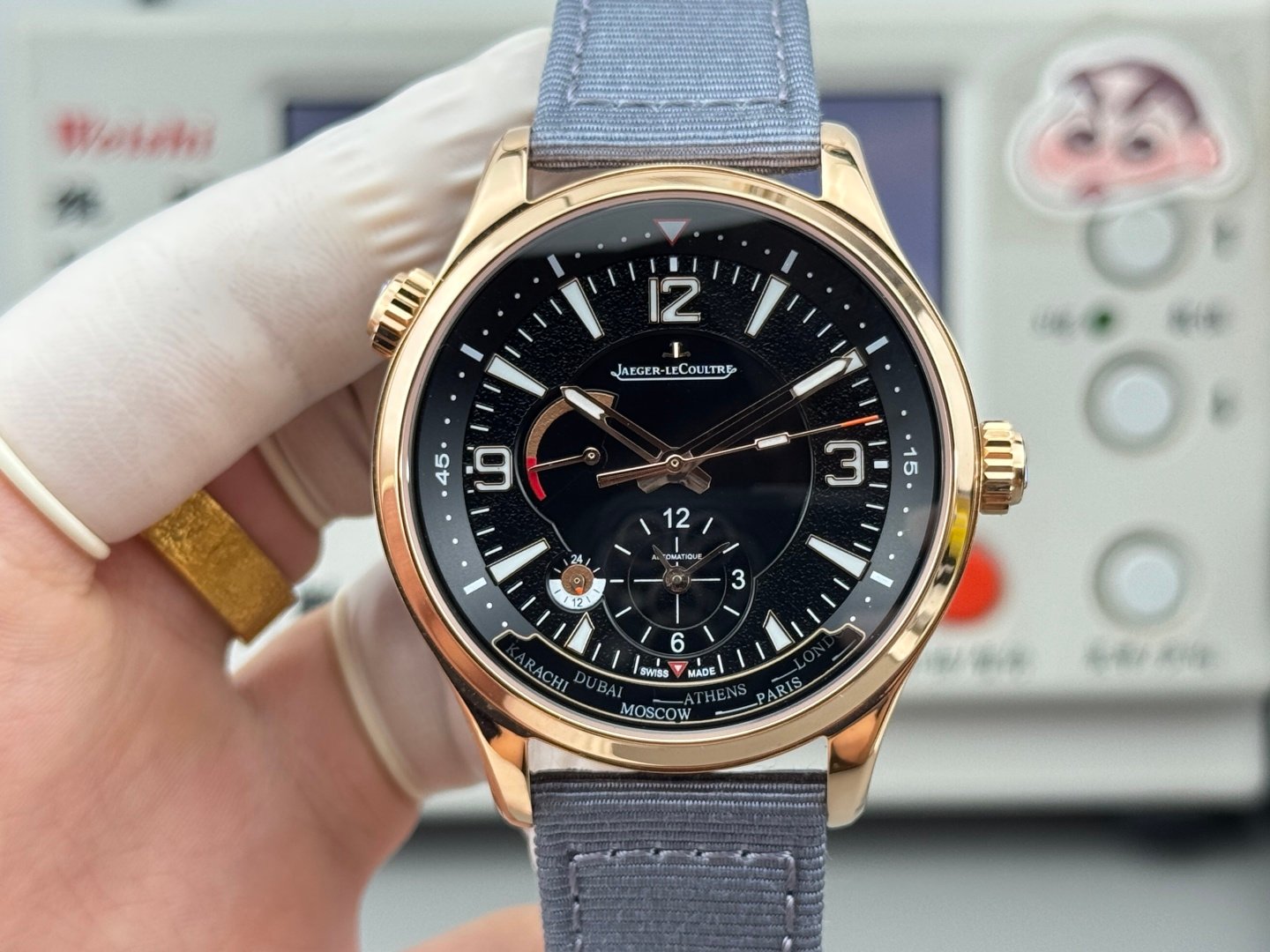 Jaeger-LeCoultre Master Compressor Geographic Rose Gold Black Dial Grey Canvas Strap 42MM REF. Q174271