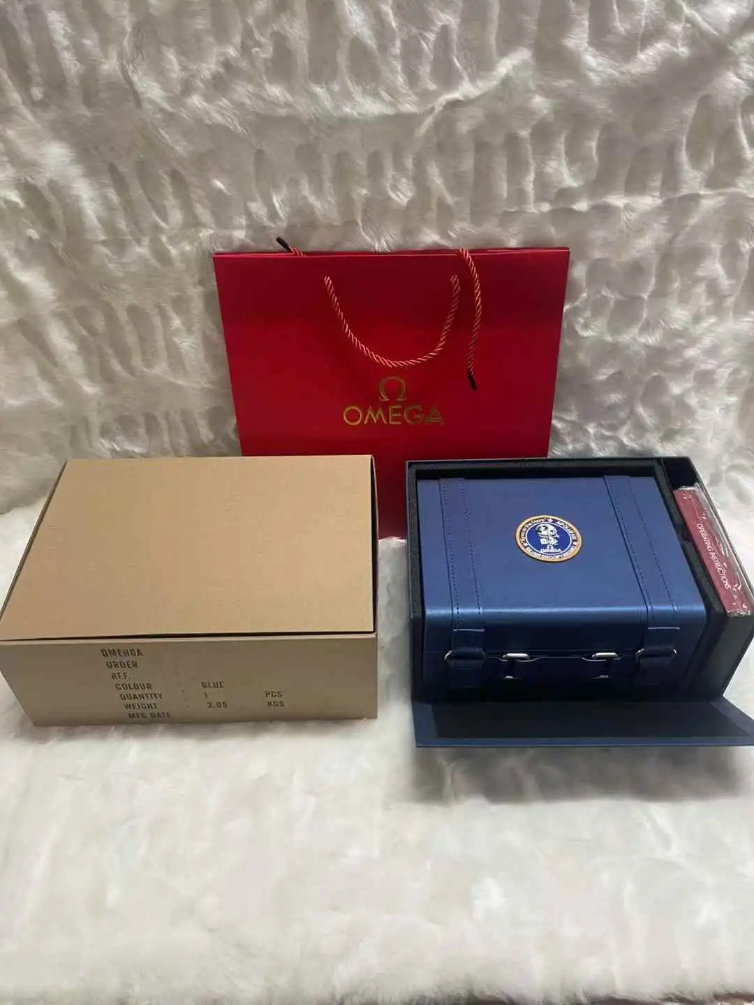 Omega Luxury Blue Leather Watch Box Set with Kraft Outer Case, Shopping Bag & Warranty Cards