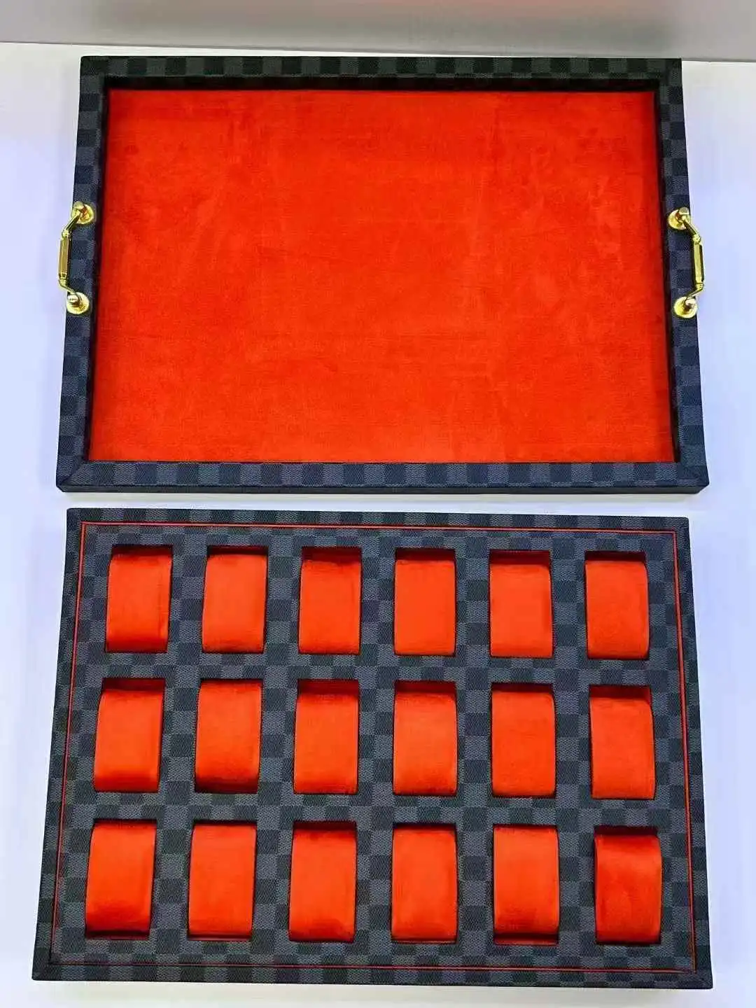 Premium Gray Damier Pattern 18-Watch Display Case and Extra Storage Jewelry Tray Combo