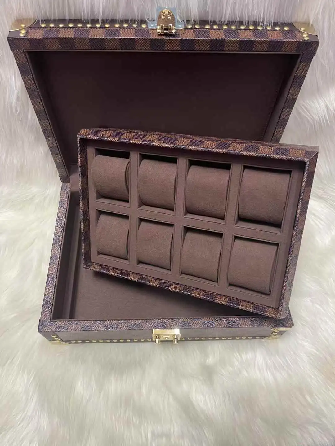 Brown Checkerboard Leather Watch Trunk with 8-Slot Removable Tray & Gold Hardware