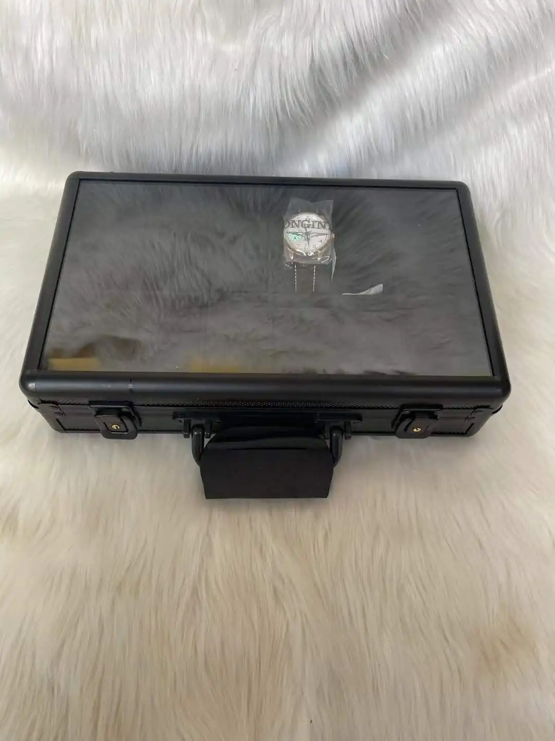 Luxury Black Aluminum Watch Briefcase with Clear Window & Heavy Duty Handle