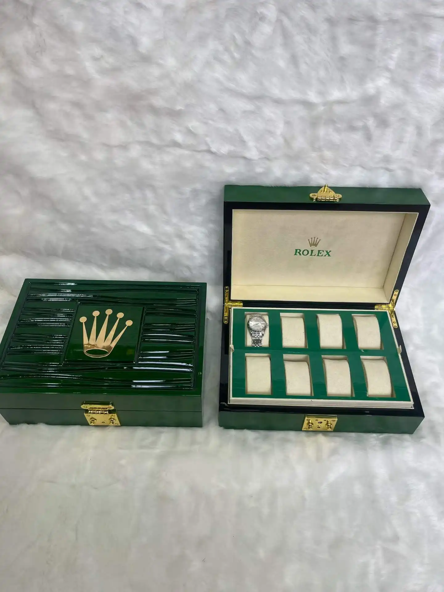 Rolex Luxury 8-Slot Green Wooden Watch Box with Glossy Finish & Golden Metal Lock