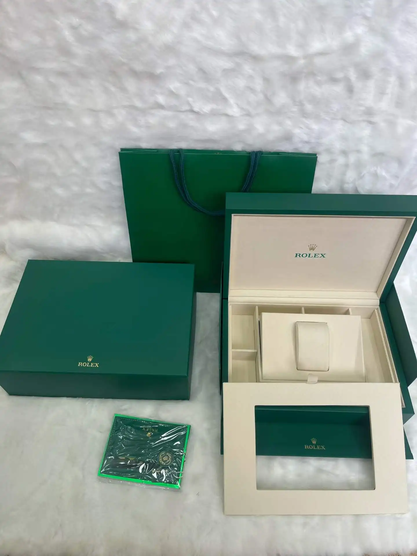 Rolex Luxury Green Watch Box Set with Leather Card Holder, Manual & Shopping Bag