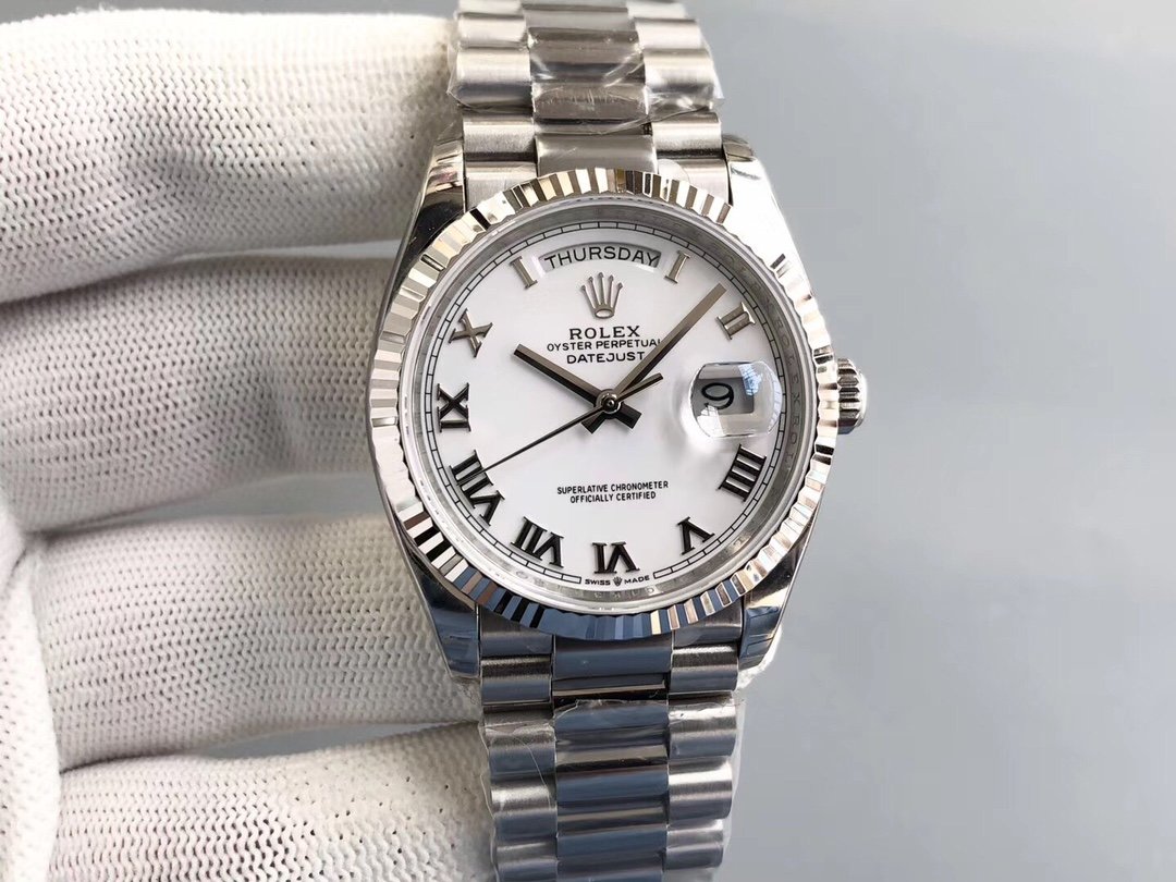Rolex Day-Date 36 Platinum White Dial Roman Numerals Fluted Bezel President Bracelet 36MM 128236-0007