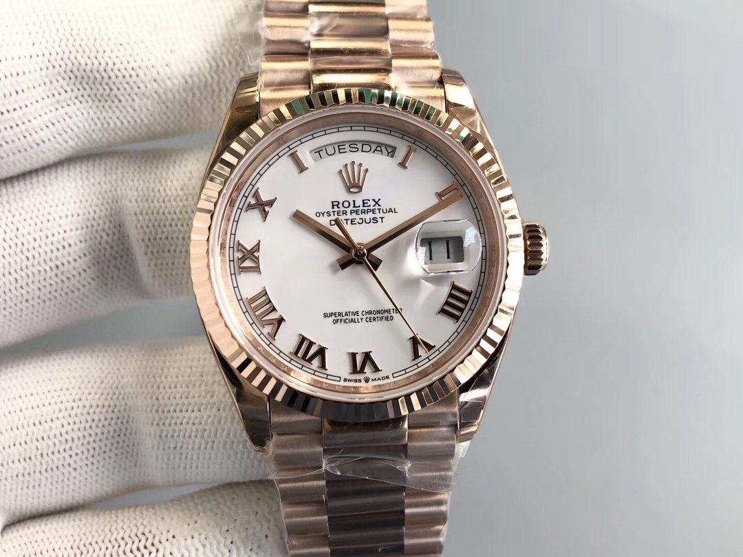 Rolex Day-Date 36 Everose Gold White Dial Roman Numerals Fluted Bezel President Bracelet 36MM 128235-0052