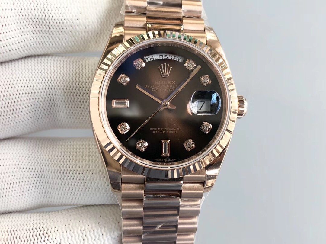Rolex Day-Date 36 Everose Gold Brown Ombr&eacute; Diamond-Set Dial Fluted Bezel President Bracelet 36MM 128235-0037