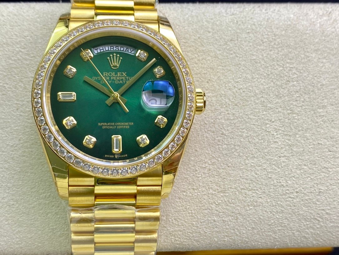 Rolex Day-Date 36 Yellow Gold Diamond-Set Bezel White Mother-of-Pearl Dial Diamond-Set Hour Markers President Bracelet 36MM 128348RBR-0035