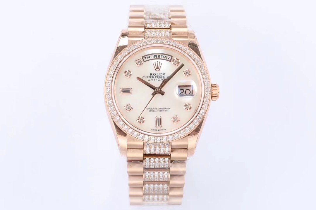 Rolex Day-Date 36 Everose Gold Diamond-Set Bezel White Mother-of-Pearl Dial Diamond-Set Hour Markers 36MM 128345RBR-0030