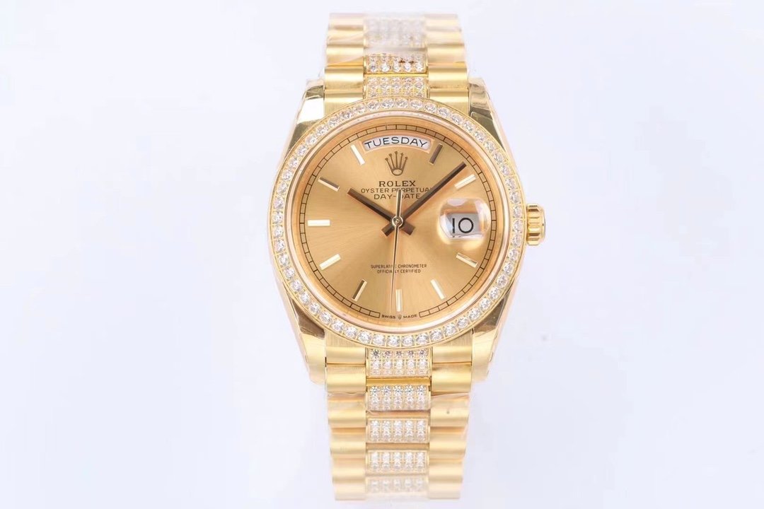 Rolex Day-Date 36 Yellow Gold Diamond-Set Bezel White Mother-of-Pearl Dial Diamond-Set Hour Markers President Bracelet 36MM 128348RBR-0027