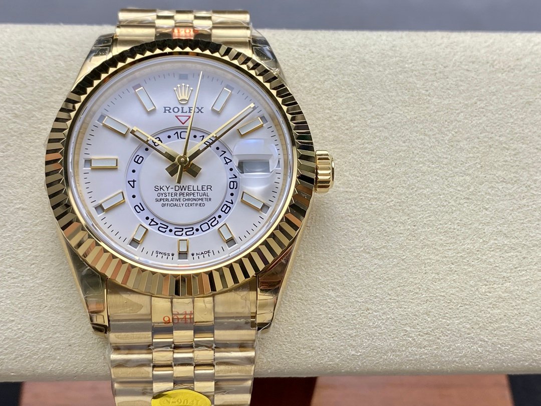 Rolex Sky-Dweller 42 Yellow Gold White Dial Fluted Bezel President Bracelet 42MM 336938-0006