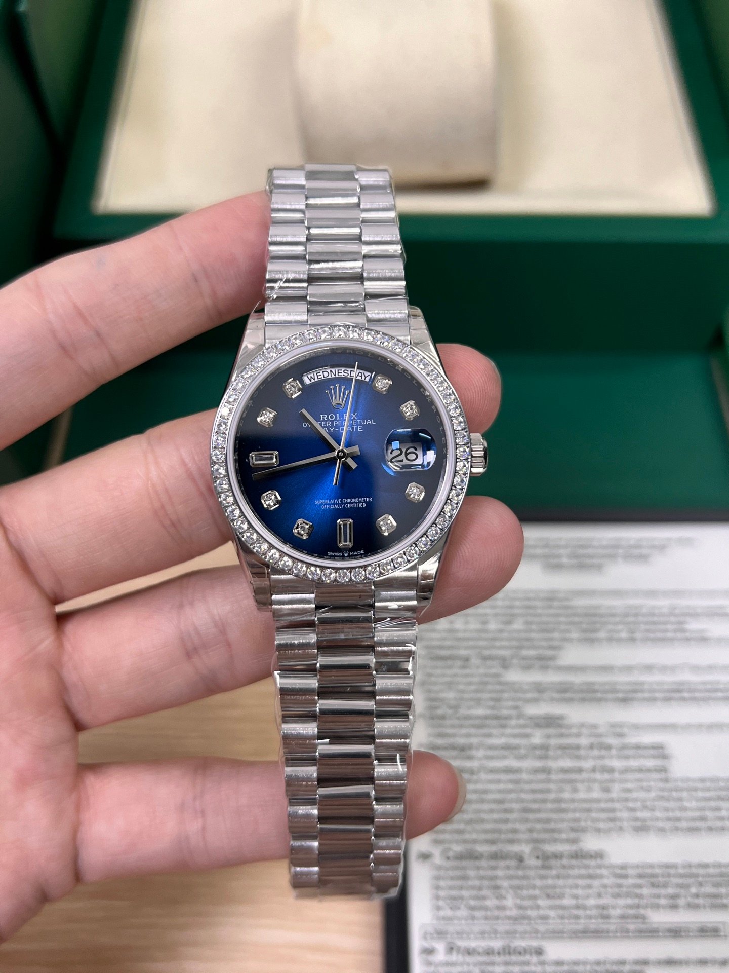 Rolex Day-Date White Gold Blue Ombré Diamond-Set Dial Diamond-Set Bezel President Bracelet 36MM 128349RBR-0082