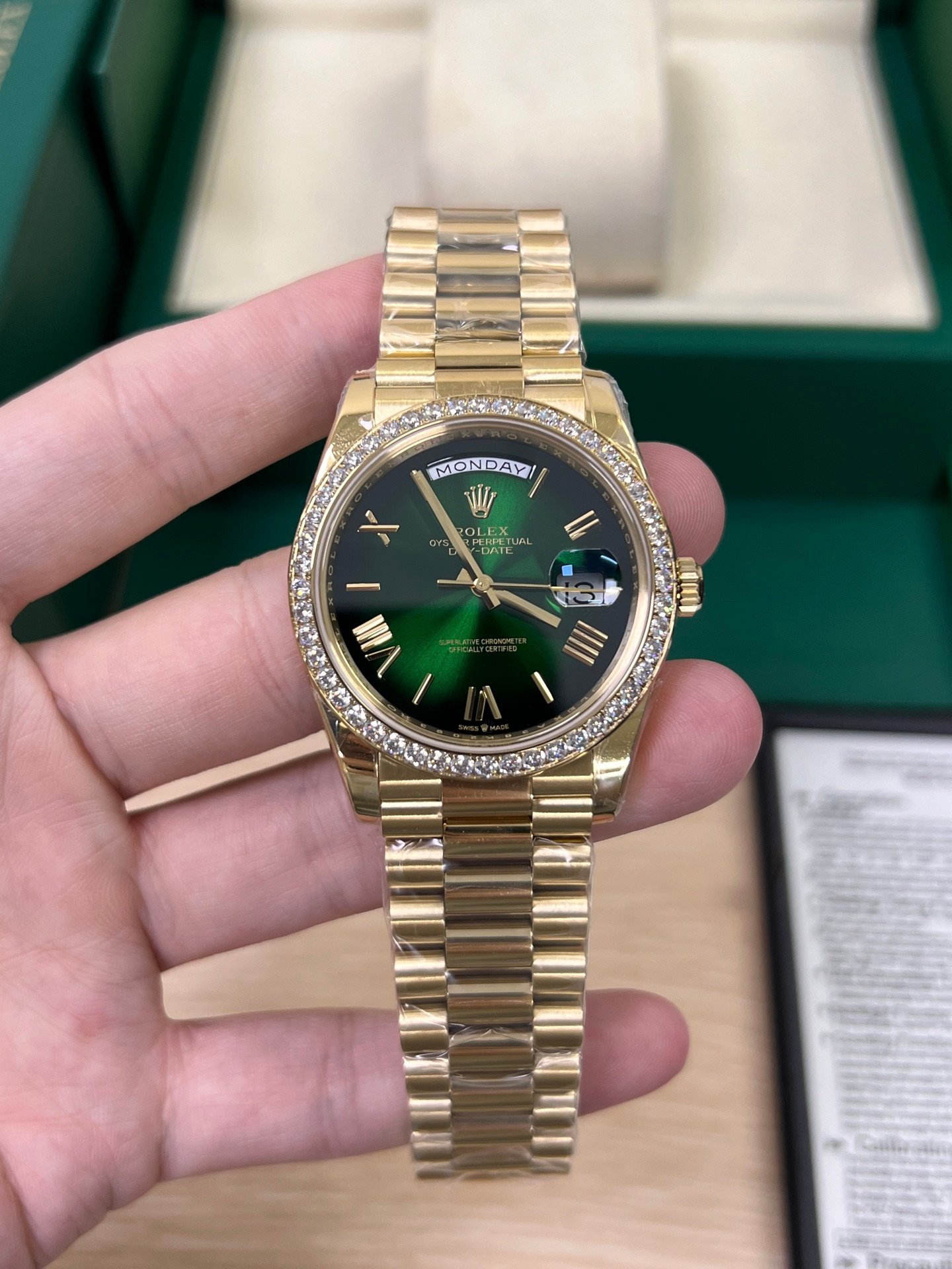Rolex Day-Date 40 Yellow Gold Green Ombré Dial Diamond-Set Bezel President Bracelet 40MM 228398TBR-0042