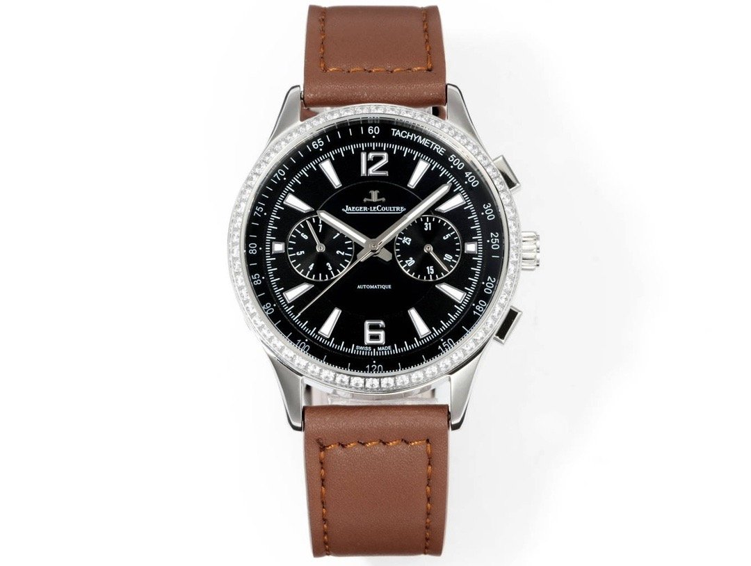 Jaeger-LeCoultre Master Compressor Stainless Steel Black Dial Diamond Bezel Brown Leather Strap 42MM Q1758421