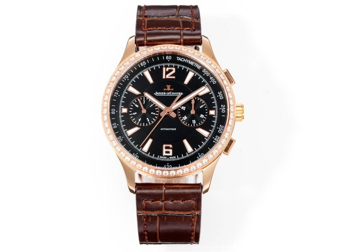 Jaeger-LeCoultre Master Compressor Rose Gold Black Dial Diamond Bezel Brown Leather Strap 42MM Q1752521