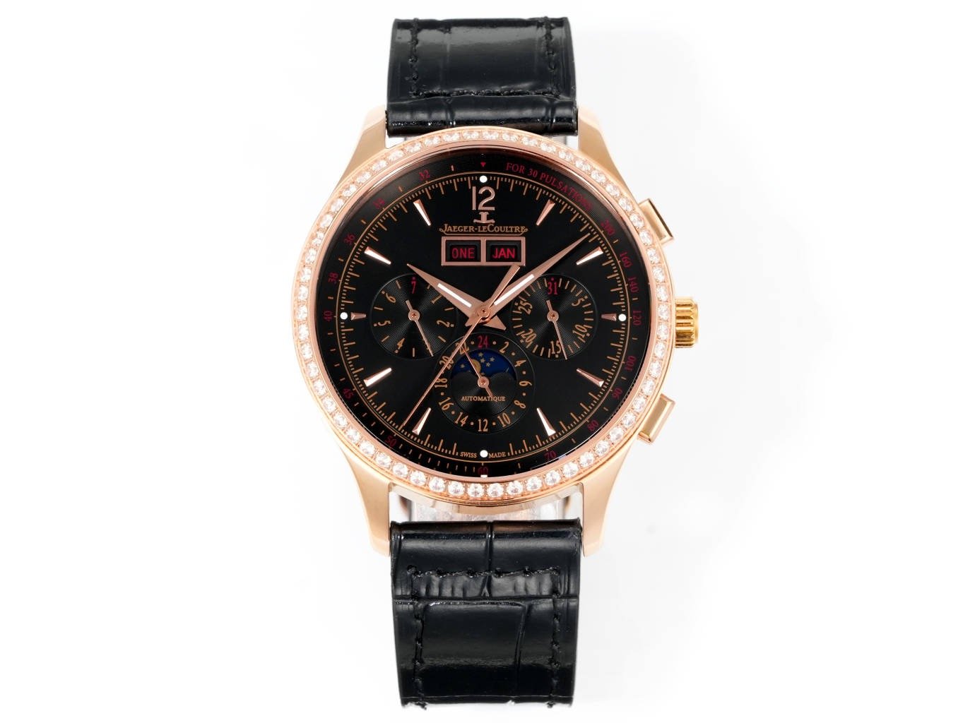 Jaeger-LeCoultre Master Grande Tradition Rose Gold Black Dial Diamond Bezel Black Leather Strap 40MM Q1762521