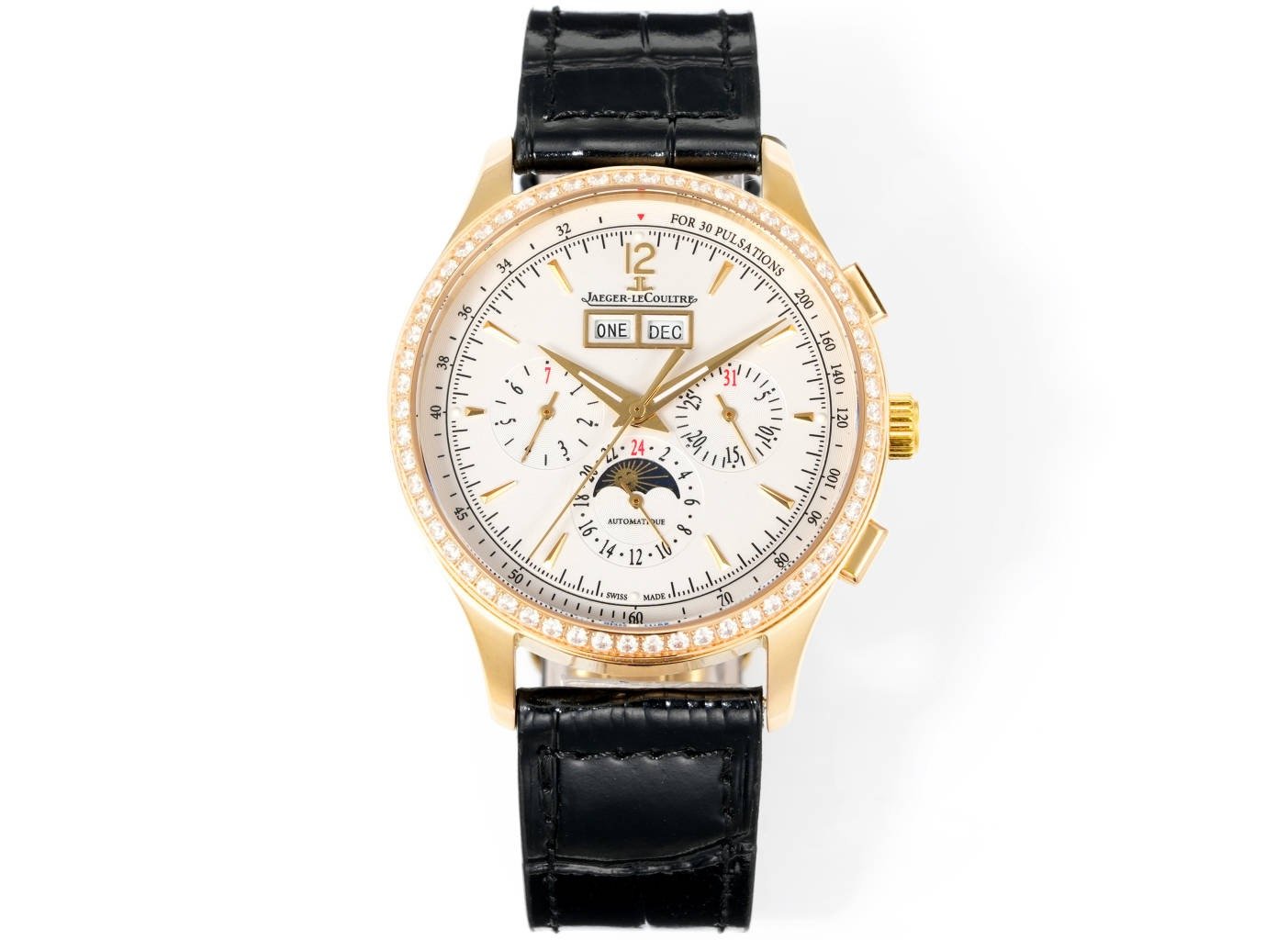 Jaeger-LeCoultre Master Grande Tradition Yellow Gold Silver Dial Diamond Bezel Black Leather Strap 40MM REF.Q1761421