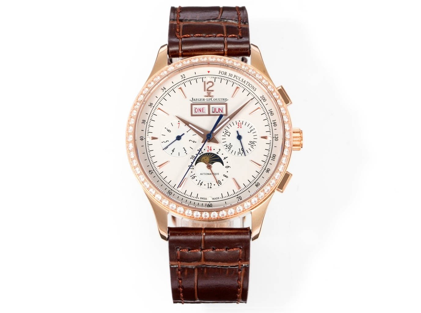 Jaeger-LeCoultre Master Grande Tradition Rose Gold Silver Dial Diamond Bezel Brown Leather Strap 40MM REF.Q1762521