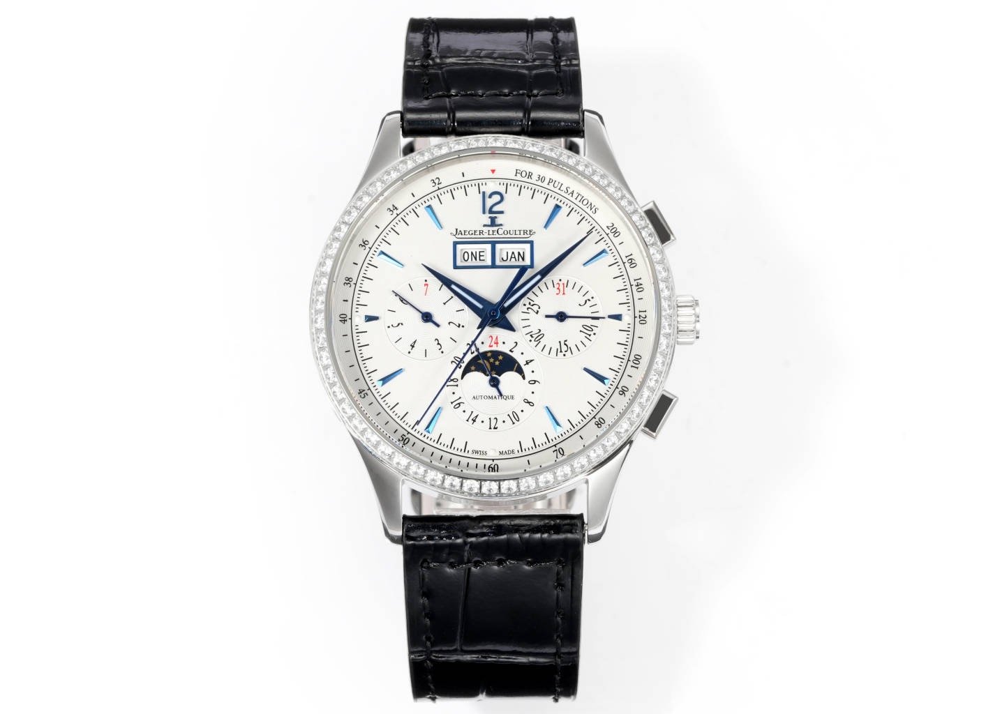 Jaeger-LeCoultre Master Control Chronograph Calendar Stainless Steel Silver Dial Fluted Bezel Leather Strap 40MM REF.Q4138420