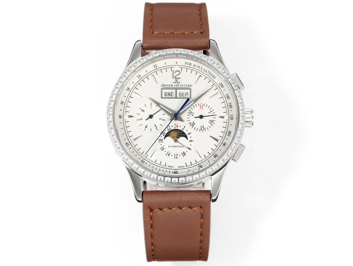 Jaeger-LeCoultre Master Grande Tradition Stainless Steel Silver Dial Diamond Bezel Brown Leather Strap 40MM REF.Q1768421