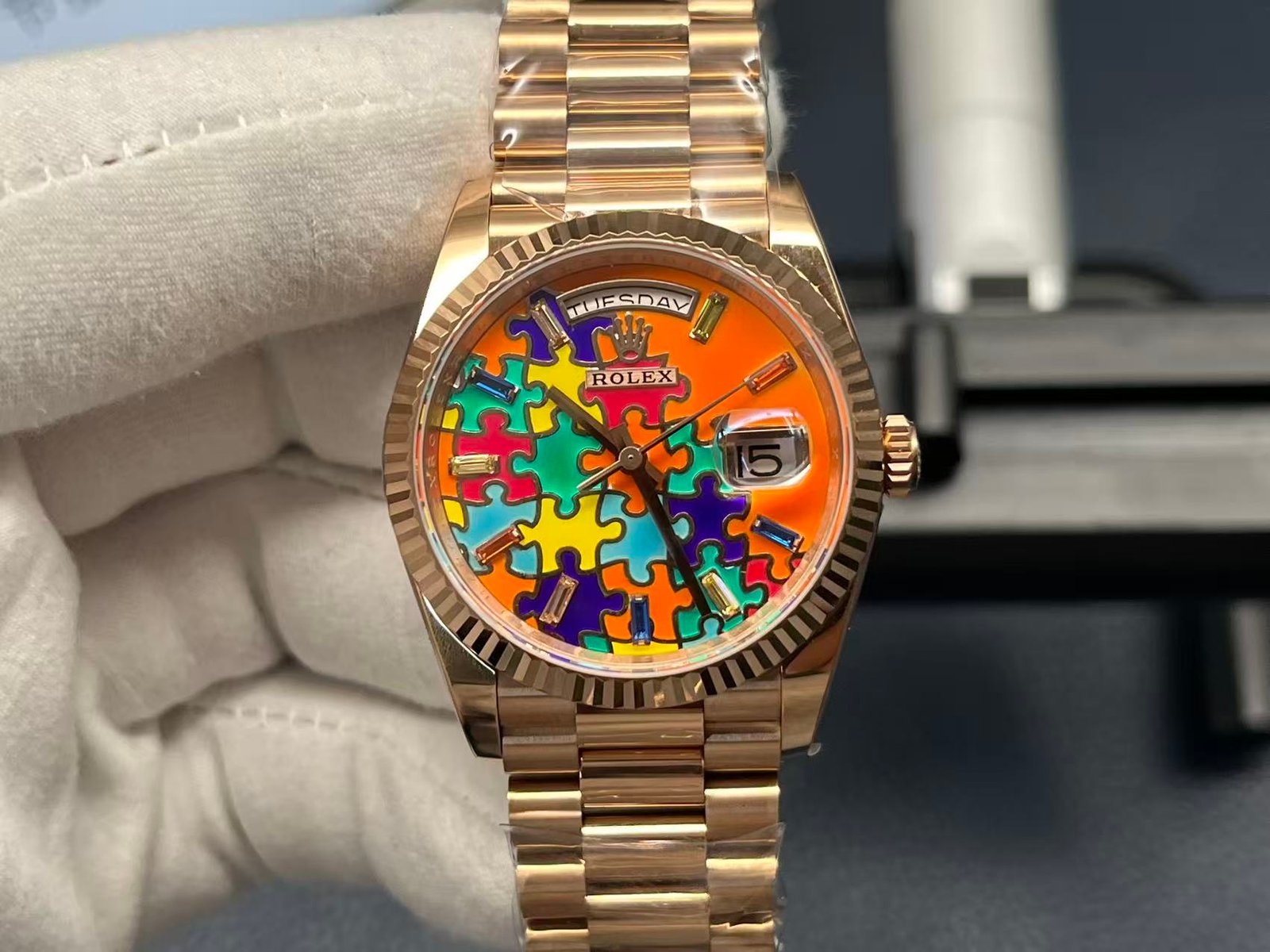 Rolex Day-Date 36 Everose Gold Puzzle Dial Diamond-Set Fluted Bezel President Bracelet 36MM 128235-0063
